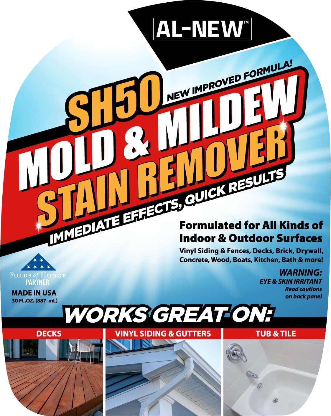 AL-NEW SH50 Mold and Mildew Stain Remover | Scrub Free Formula | Works Great on Decks, Vinyl Siding & Gutters, Tub and Tile (30oz Bottle)