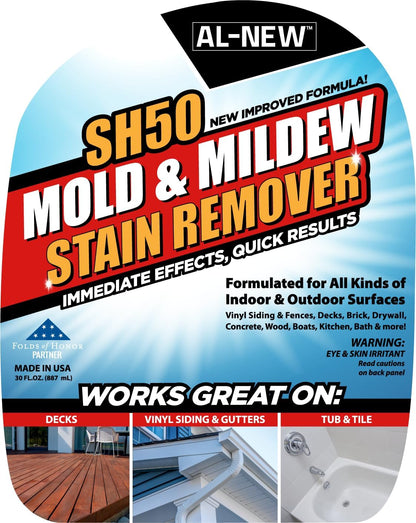 AL-NEW SH50 Mold and Mildew Stain Remover | Scrub Free Formula | Works Great on Decks, Vinyl Siding & Gutters, Tub and Tile (30oz Bottle)