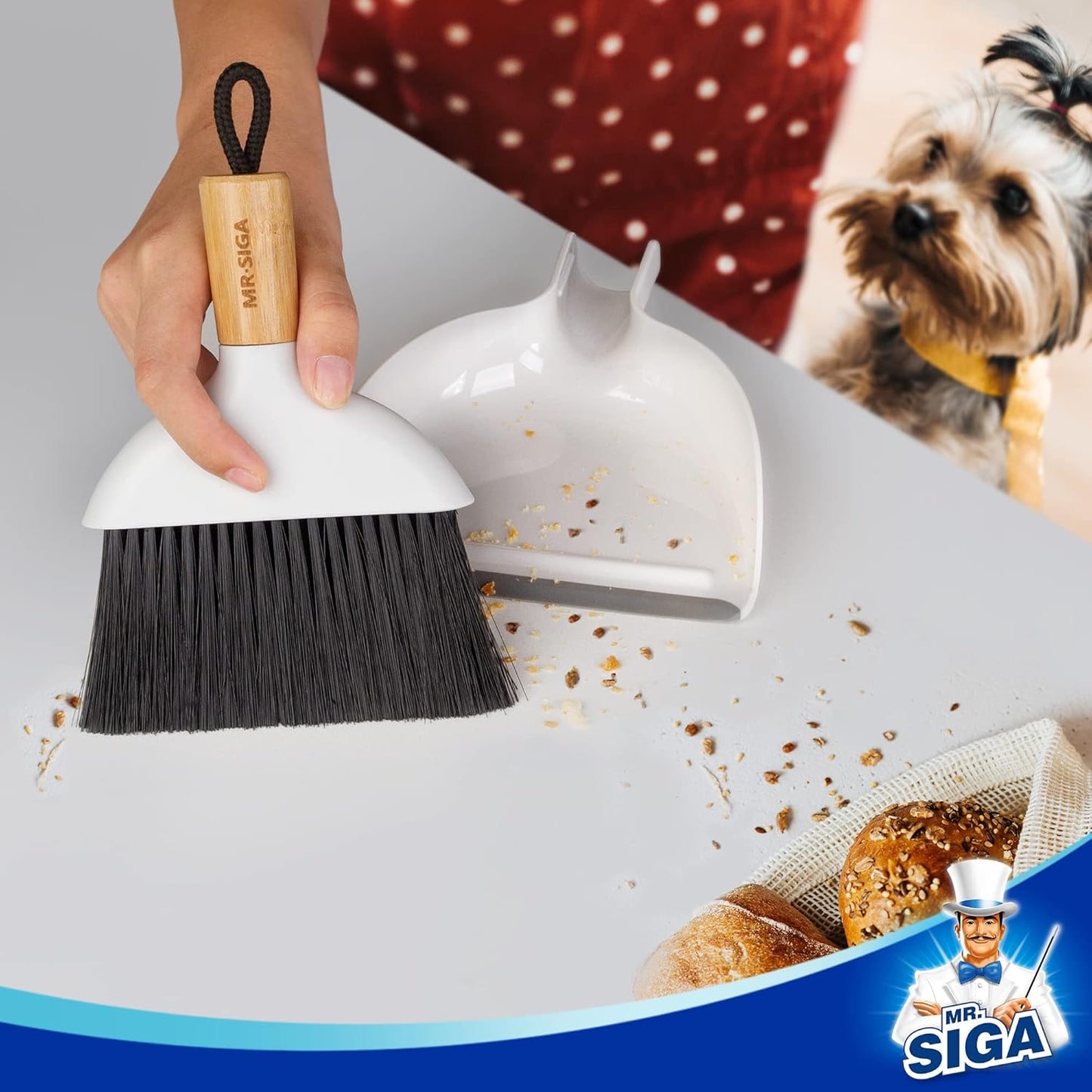 MR.SIGA Mini Dustpan and Brush Set, Portable Cleaning Brush and Dustpan Combo with Bamboo Handle, Black, 1 Set