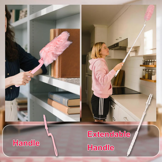 ITTAR 30 Count Duster Refill kit, Dust Cleaning Supplies with Extension Pole, Fan Feather Dusters with 2 Types Handle for Cleaning Home, Celling Fan, Blinds, Furniture, Vent & Shelves-Pink