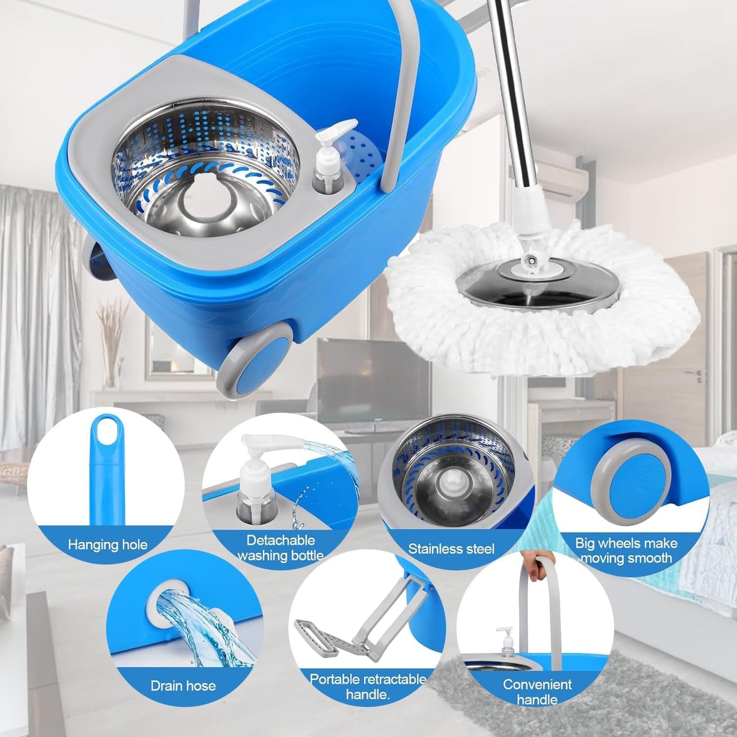 Spin Mop and Bucket with Wringer Set,for Floor Cleaning,with Floor Scrub Brush,61" Adjustable Handle and 6 Microfiber Mop Head(White)