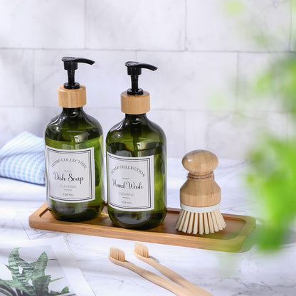 Zopeal 4 Pcs 16 oz Kitchen Soap Dispenser Set with Bamboo Tray and Dish Brush Plastic Soap Dispenser Set with Waterproof Labels for Hand Dish Lotion(Frosted Black)