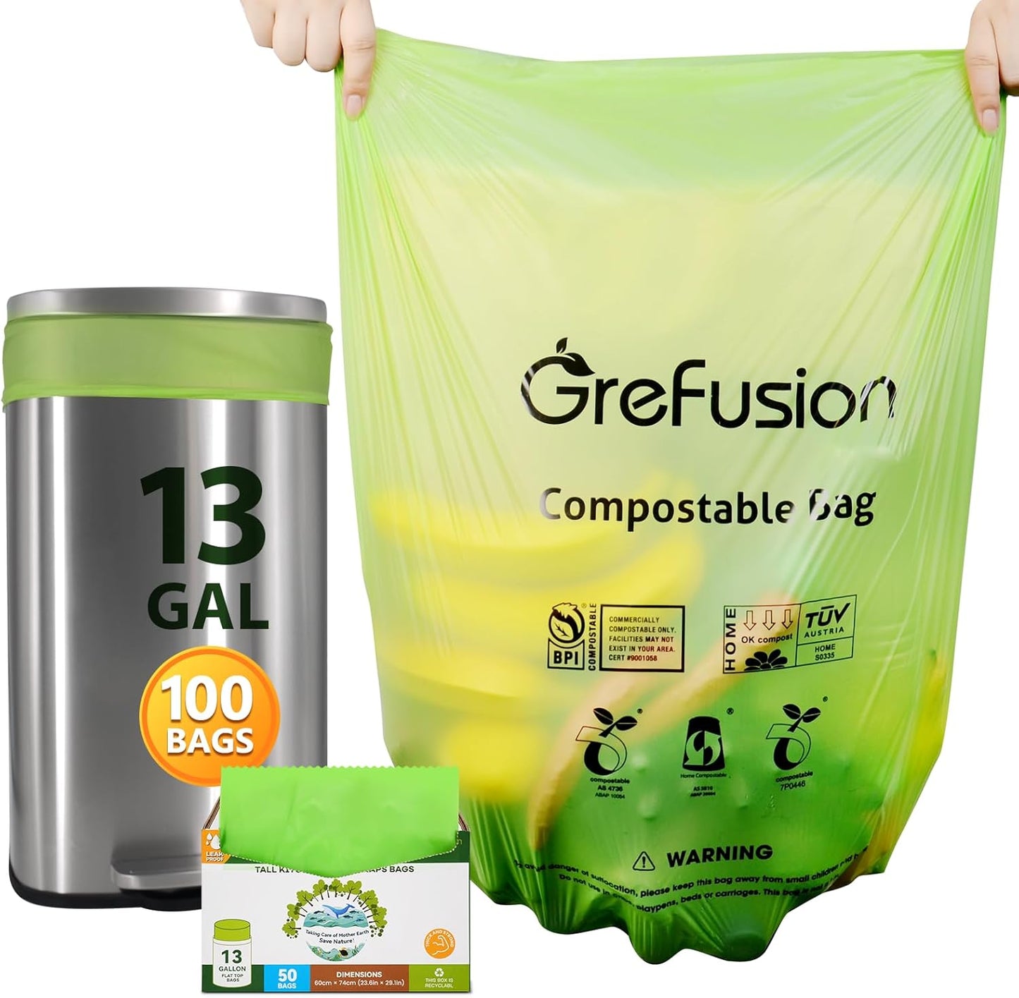 GreFusion Compostable Bags 1.2 Gallon,125 Count, Fits 0.75,1,1.2,1.3,1.6,1.8 Gallon Countertop Bin, Small compost bags, Certified by BPI, ASTM D6400 and OK Compost