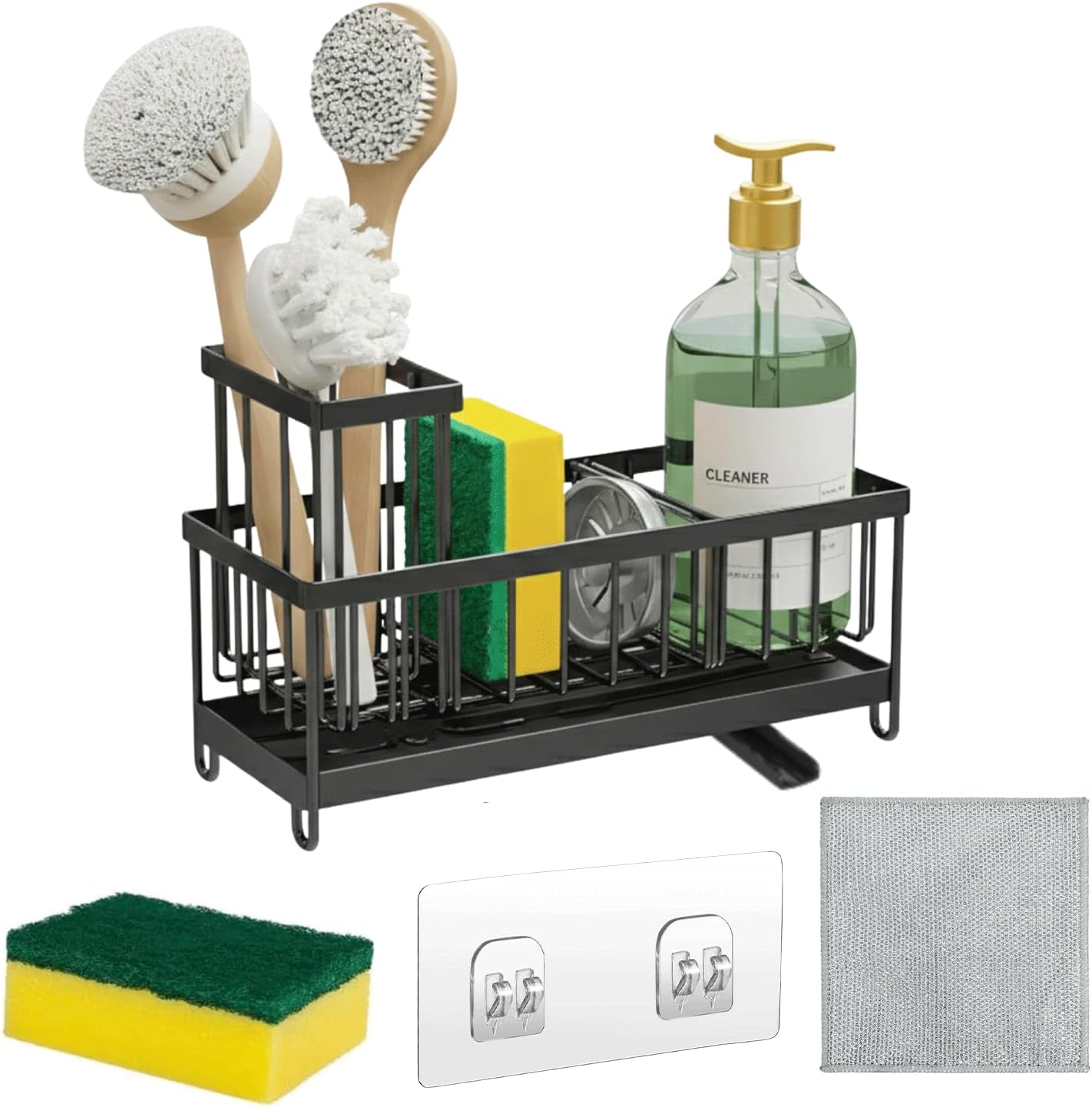 5 in 1 Sponge Holder for Kitchen Sink, Rustproof Stainless Steel Sink Caddy with Washing Cloth & Adhesive Hooks, Kitchen Sink Organizer with High Brush Holder and Soap Holder for Kitchen Sink