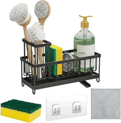 5 in 1 Sponge Holder for Kitchen Sink, Rustproof Stainless Steel Sink Caddy with Washing Cloth & Adhesive Hooks, Kitchen Sink Organizer with High Brush Holder and Soap Holder for Kitchen Sink
