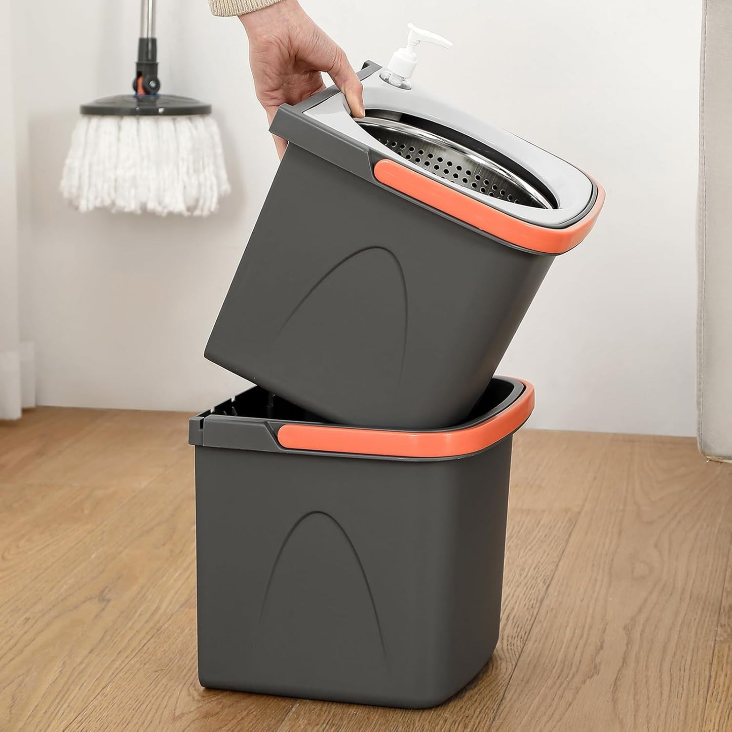 Spin Mop and Detachable Bucket Set with 5 Reusable Microfiber mop Head Dual-Chamber Water System Spining Mop Floor Cleaning Kit for Hardwood Tile Laminate Floors (Gray)