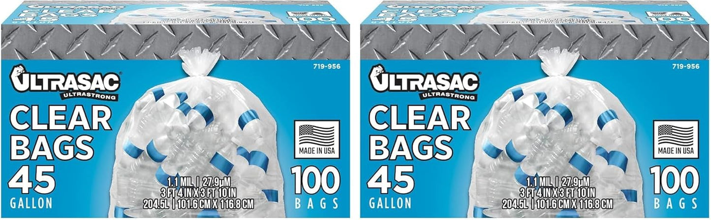 Ultrasac - Recycling Bag, 45 Gallon, 1.1 Mil, 40"x46", Clear, 100 Count w/Ties