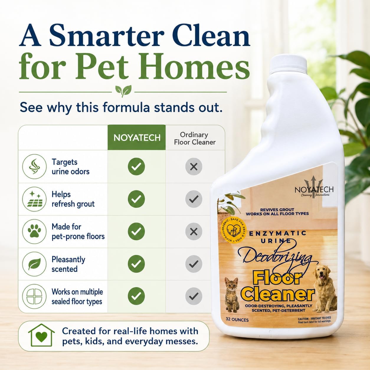 NOYATECH Pet Floor Cleaner for Mopping – Enzyme Urine & Odor Eliminator – Safe for Hardwood, Tile, Laminate & Grout – Dog & Cat Pee Concentrate, 32 oz