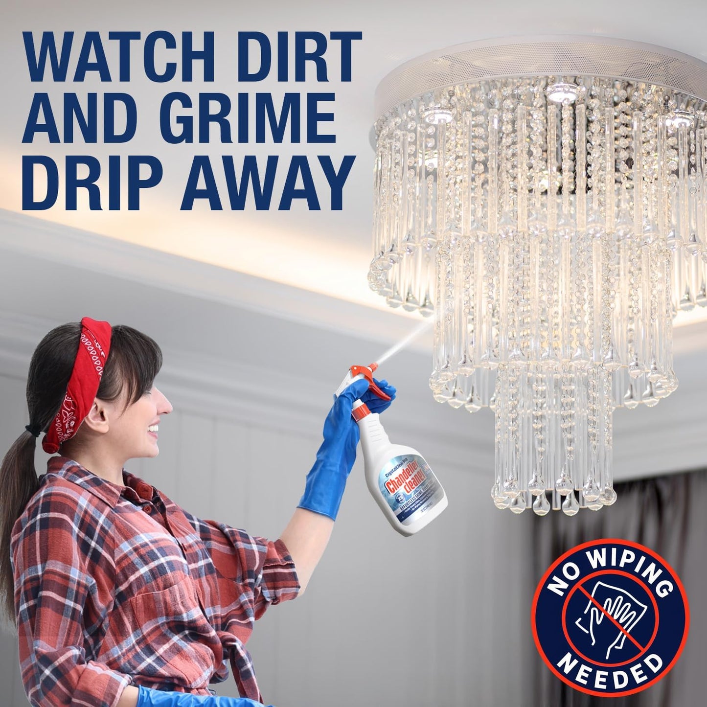 Chandelier Cleaner Spray, 32 oz — No Wipe Drip Dry Crystal Chandelier Cleaner for Glass, Crystal & Acrylic Light Fixtures, Streak-Free Shine, Sprays Up to 25 Ft, Fast Effortless Cleaning, Made in USA