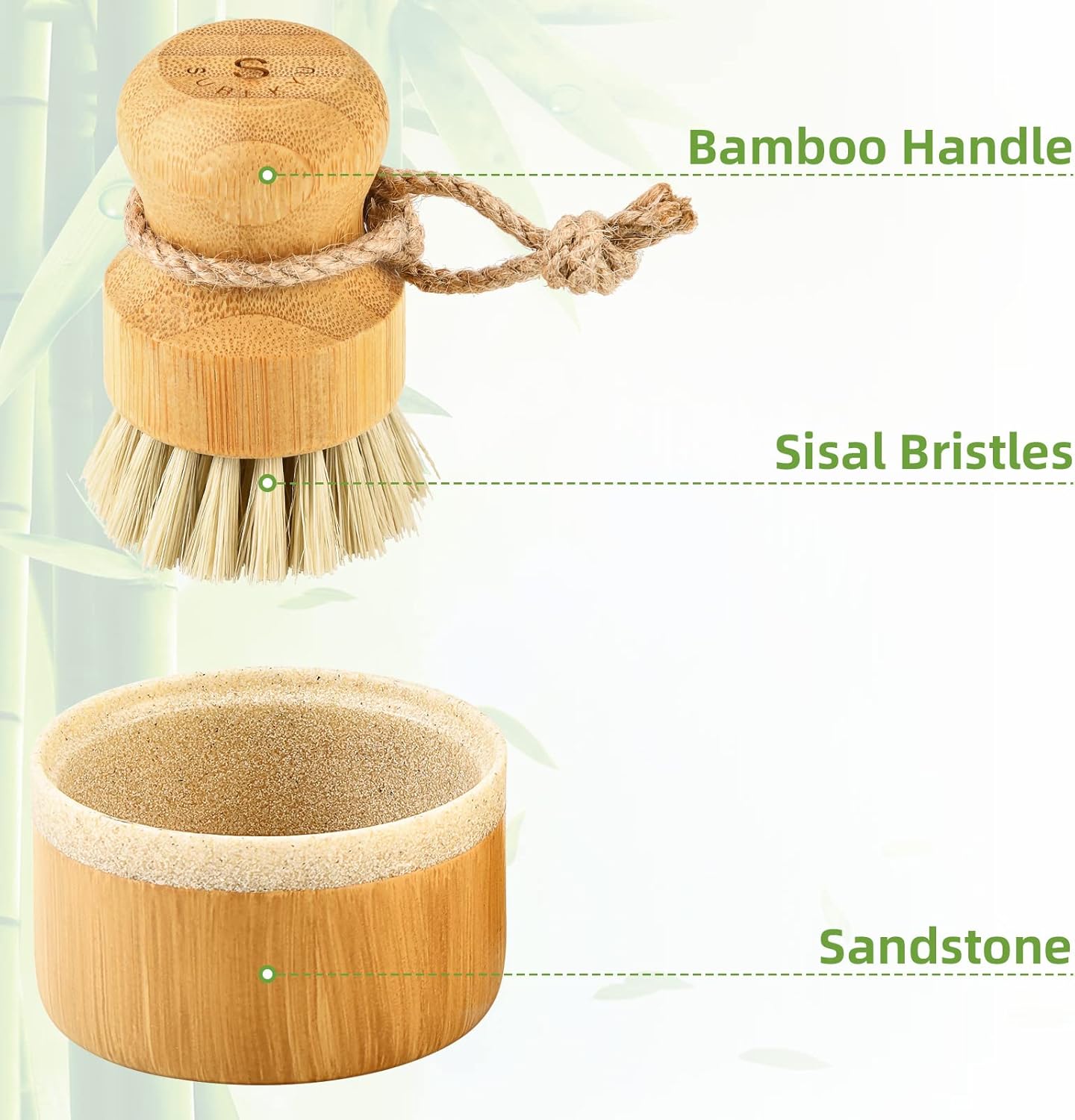 Bamboo Dish Scrub Brushes,Kitchen Wooden Cleaning Scrubbers Set for Washing Cast Iron Pan/Pot, Natural Sisal Bristles, Set of 3