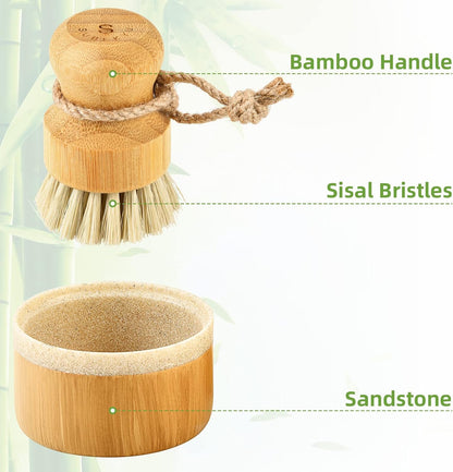 Bamboo Dish Scrub Brushes,Kitchen Wooden Cleaning Scrubbers Set for Washing Cast Iron Pan/Pot, Natural Sisal Bristles, Set of 3