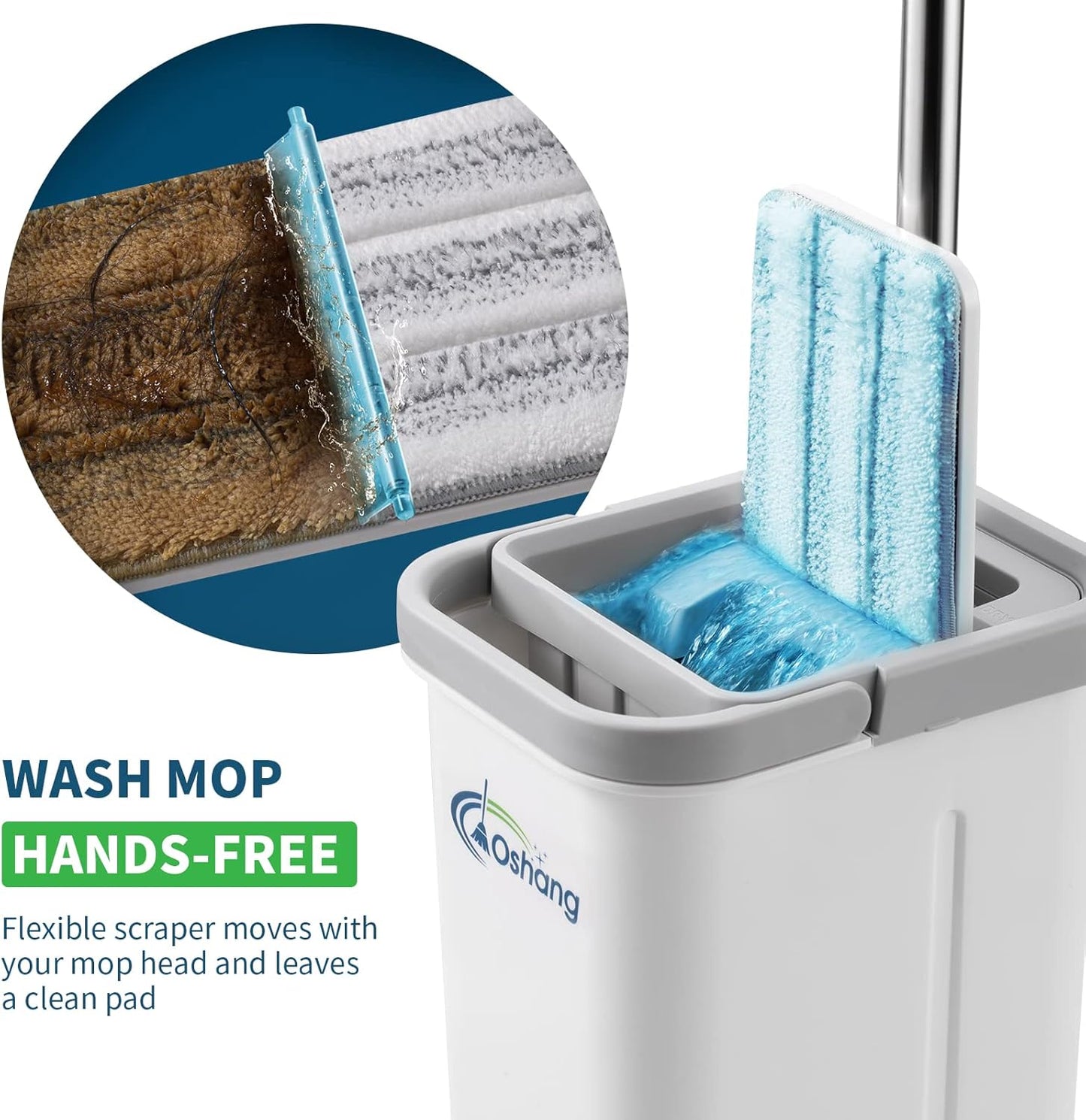 Oshang Flat Mop and Collapsible Bucket OG7 with Wheels, 2 Washable Reusable Microfiber Pads, Pure White