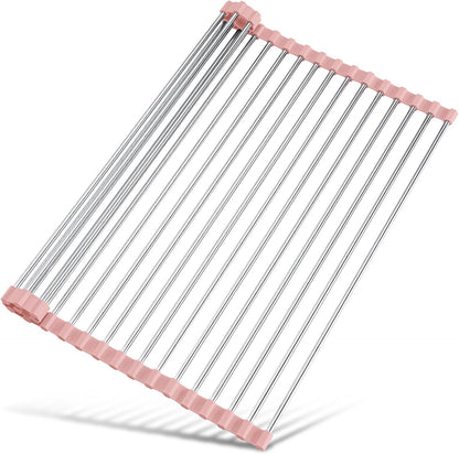 Tomorotec 17.7" x 15.5" Roll Up Dish Drying Rack Over Sink Drying Rack Sink Cover Kitchen Sink Accessories Gadget Multipurpose Organizer Foldable Stainless Steel Drainer (Grey)