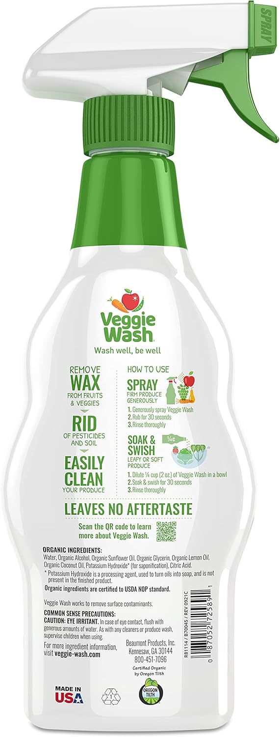 Veggie Wash Organic Fruit and Vegetable Wash, Certified Organic, Ideal for Cleaning Produce, 16 Fluid Ounce, Pack of 3 (Packaging May Vary)