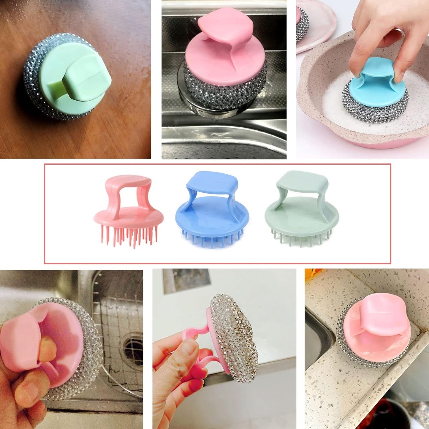 6 Pack Stainless Steel Scrubber Handle Attachment Universal Steel Wool Srubber Handle Grips for Stainless Steel Scourer Metal Wire Scrubbing Sponges Scouring Pads Plastic Nylon Dish Scrubbers