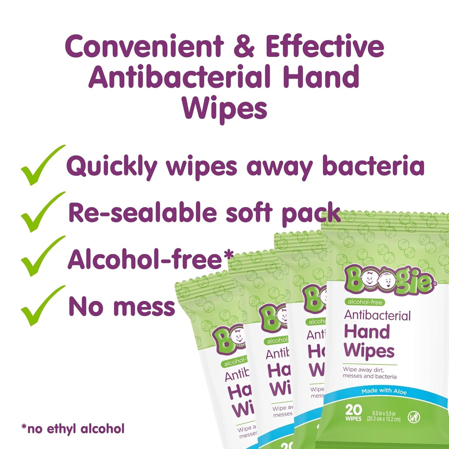 Boogie Antibacterial Hand Wipes by Boogie, Alcohol Free, Hypoallergenic and Moisturizing Aloe, for Kids and Adults -100 Total Wipes (5 Packs of 20)