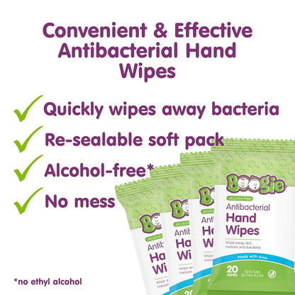 Boogie Antibacterial Hand Wipes by Boogie, Alcohol Free, Hypoallergenic and Moisturizing Aloe, for Kids and Adults -100 Total Wipes (5 Packs of 20)