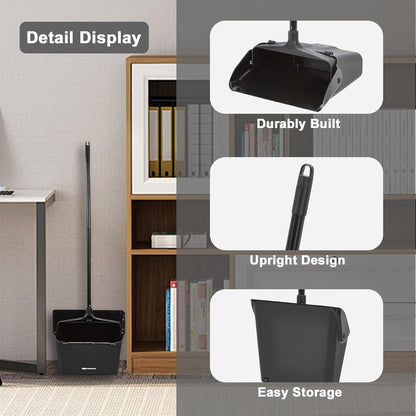 Pivoting Upright Dust Pan with Long Handle and Wheels, Large Capacity, Heavy Duty Commercial Dustpan for Indoor Outdoor, Standing Dust Pan for Home and Restaurant Cleaning, Black