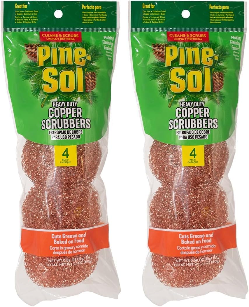 Pine-Sol Heavy-Duty Copper Coated Scrubbers - Premium Scrub Sponges for Cast Iron Pans, Stainless Steel Cookware, Oven Racks, and Grills, 4 Pack