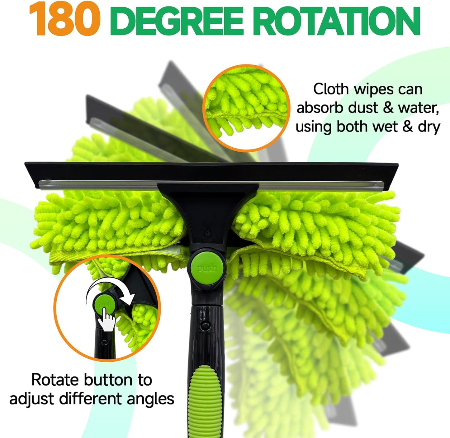 67" Squeegee Window Cleaner 2 in 1 Rotatable Window Cleaning Tool Kit with Extension Pole, Window Washing Equipment with Bendable Head for Indoor & Outdoor High Windows and Car Glass