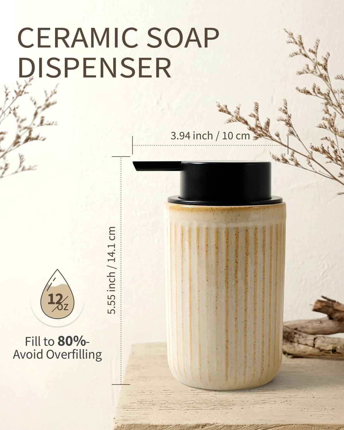 BosilunLife Dish Hand Soap Dispenser - Liquid Pump Soap Dispenser for Bathroom Decro 12oz Ceramic Kitchen Dish Dispenser with Rust-Proof Liquid Pump Modern Refillable Lotion Bottles