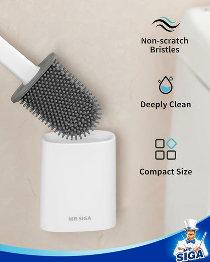 MR.SIGA Toilet Brush and Holder Set, Wall Mounted Toilet Bowl Brush, Compact Toilet Scrub Brush with Holder for Bathroom, White, 2 Pack