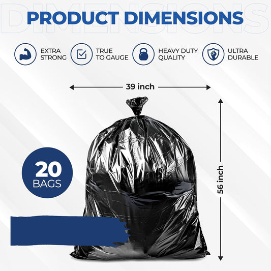55 Gallon Large Trash Bags [39” X 56” – 20 Micron] 20 Black Contractor Garbage Bags | Heavy Duty Lawn Leaf Yard Waste Bags | 55-60 Gallon Extra Large Construction Industrial Plastic Trash Can Liners