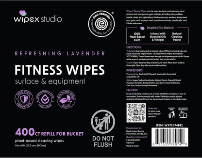Wipex Gym Wipes Bucket Refill – EWG Verified, 400 Ct Plant-based Fitness Equipment Wipes, Lavender and Vinegar to Clean Surfaces, Safe Yoga Mat Cleaner, Gym Cleaner and Peloton