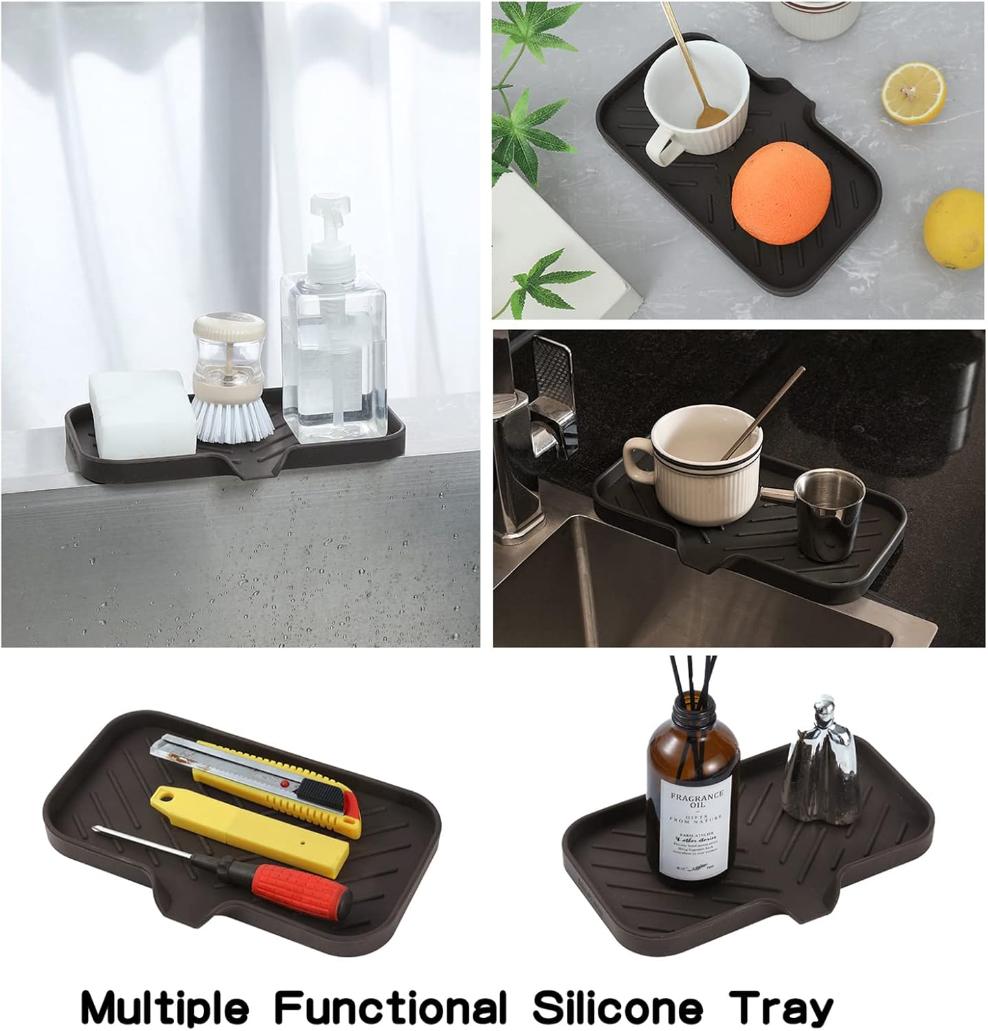 MicoYang Silicone Bathroom Soap Dishes with Drain Spout-Bathroom and Kitchen Sink Organizer,Sponge Holder,Dish Soap Tray,Perfect for Dispenser,Scrubber,Bottle,Cup on Sink or Counter-Black 4.9"×3.2"