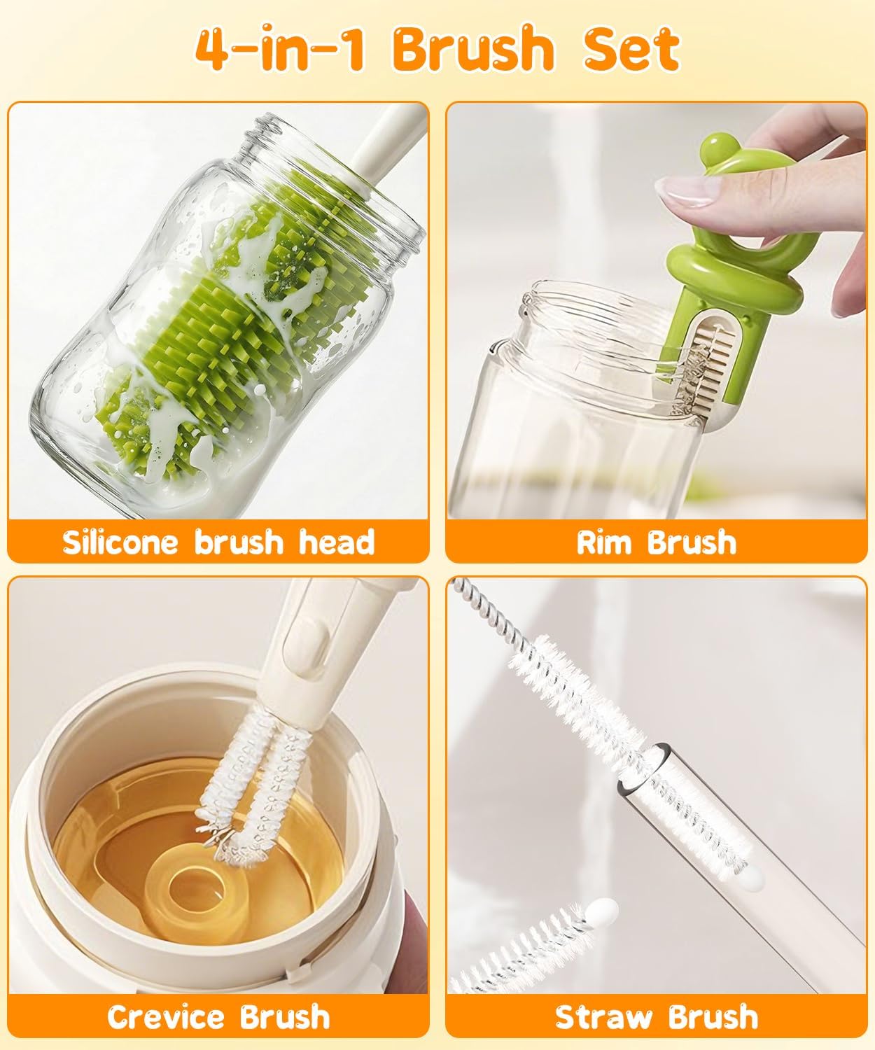 Bottle Cleaning Brush Set 4 in 1, Baby Bottle Cleaner Includes Silicone Bottle Brush, Nipple Brush, Detail Brush & Straw Brush, Portable Long Handle Bottles Scrubber Cleaning Tool, Dishwasher Safe