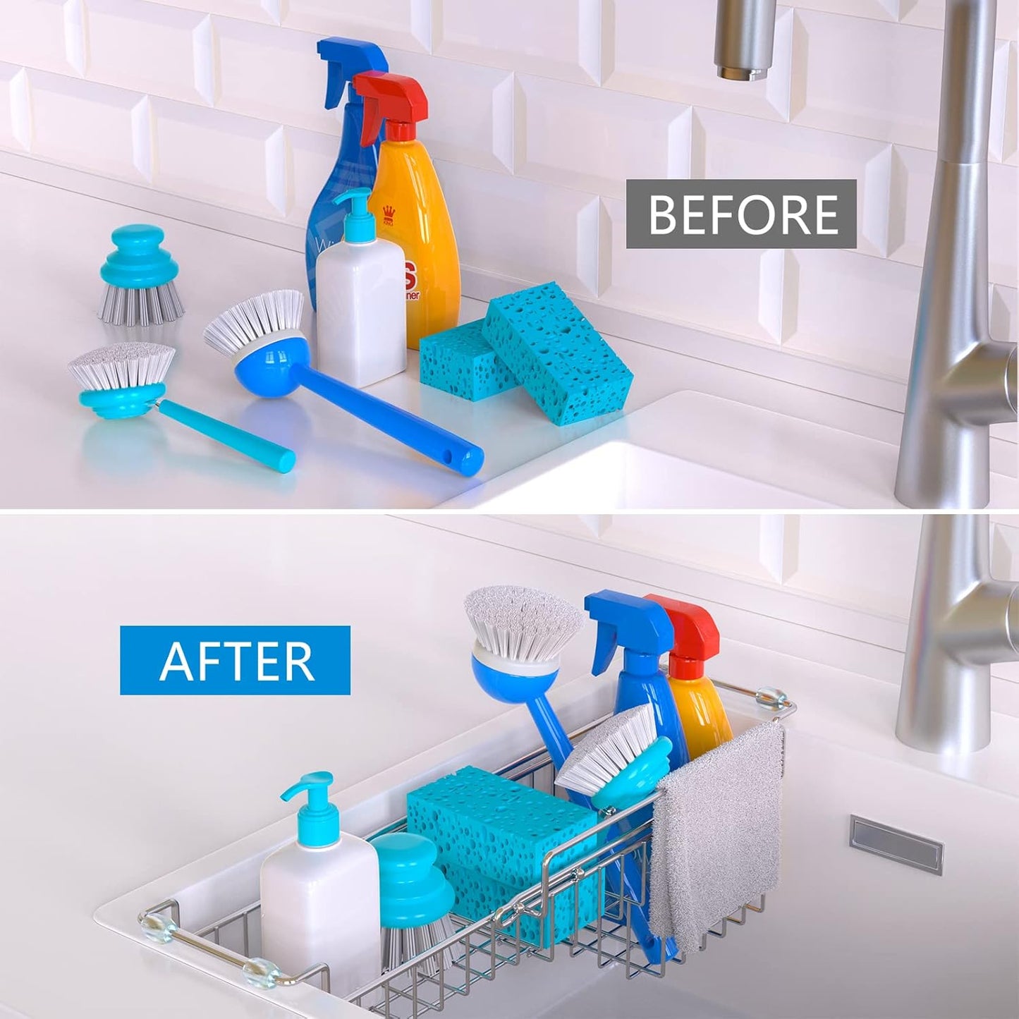 Dish Stands, Over The Kitchen Sink Caddy Sponge Holder Organizer Drying Rack Expandable for Sponge Brush Soap Dish Cloth Rag Smaller 12.25" to 17.25", Stainless Steel
