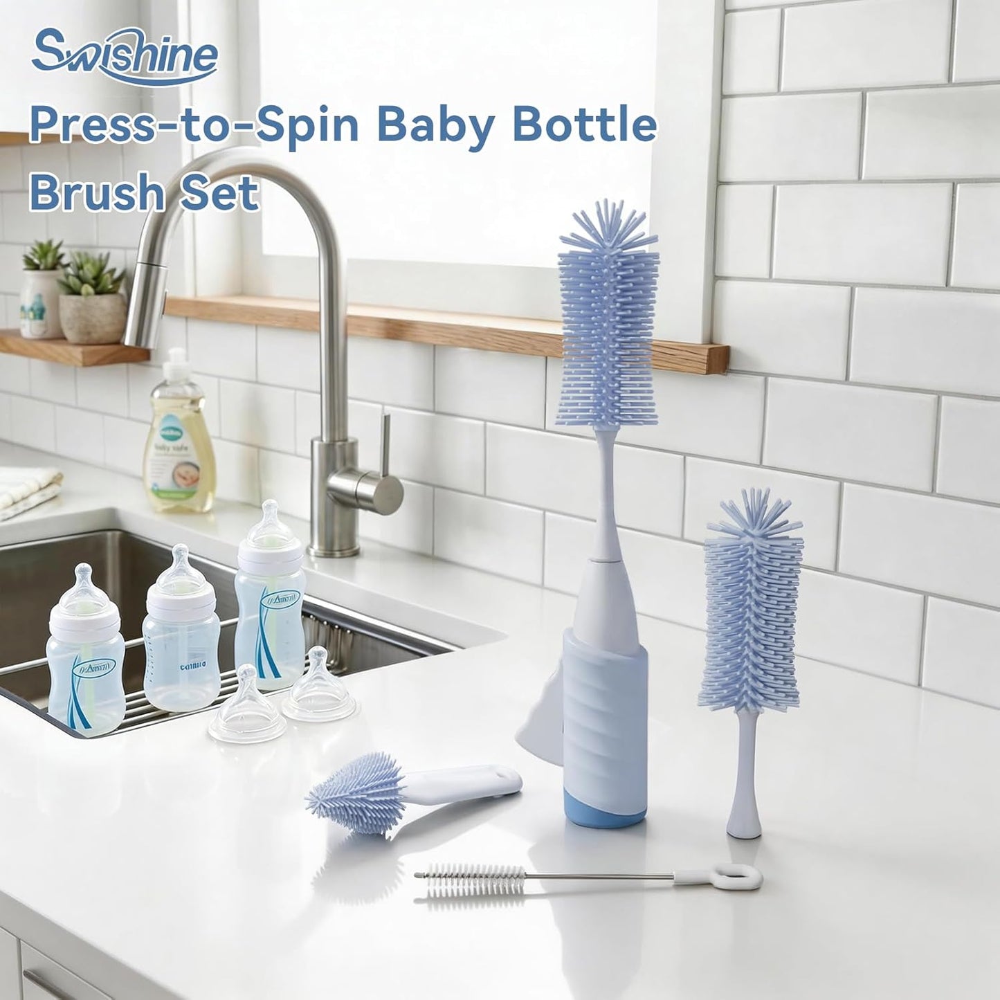 Baby Bottle Brush Set, Innovative Efficient Press-to-Spin Brush Cleaner - Includes Silicone Bottle Brush, Nipple Brush, Straw Cleaner - Spinning Generates Rich Foam for Deep Cleaning, Blue
