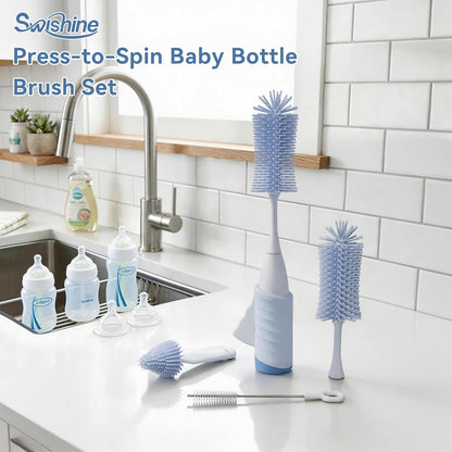 Baby Bottle Brush Set, Innovative Efficient Press-to-Spin Brush Cleaner - Includes Silicone Bottle Brush, Nipple Brush, Straw Cleaner - Spinning Generates Rich Foam for Deep Cleaning, Blue