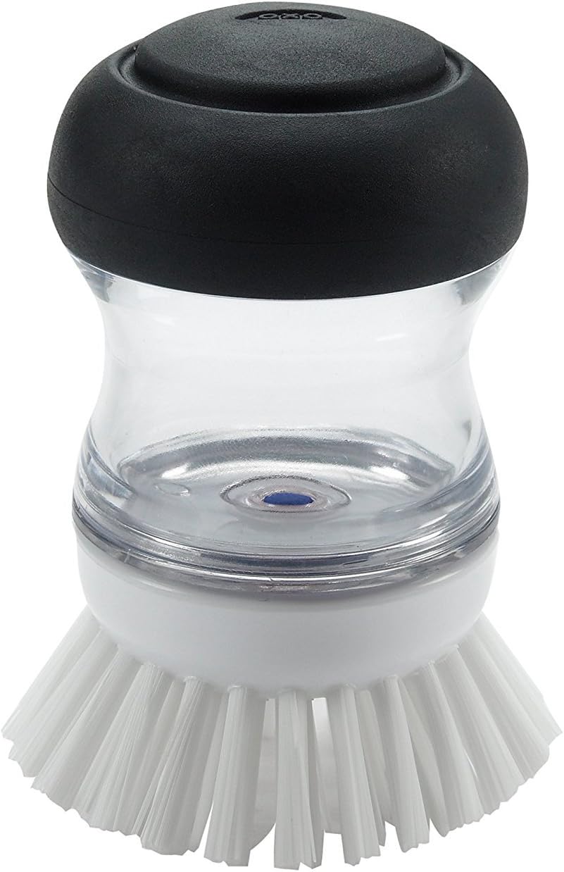 OXO Good Grips 2 Pack Palm Brush Storage Set with Soap Dispensing, Nylon Bristles, Black, Holder