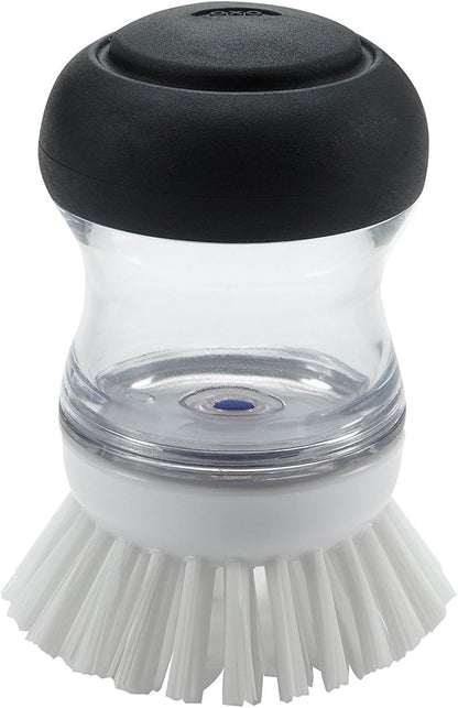 OXO Good Grips 2 Pack Palm Brush Storage Set with Soap Dispensing, Nylon Bristles, Black, Holder