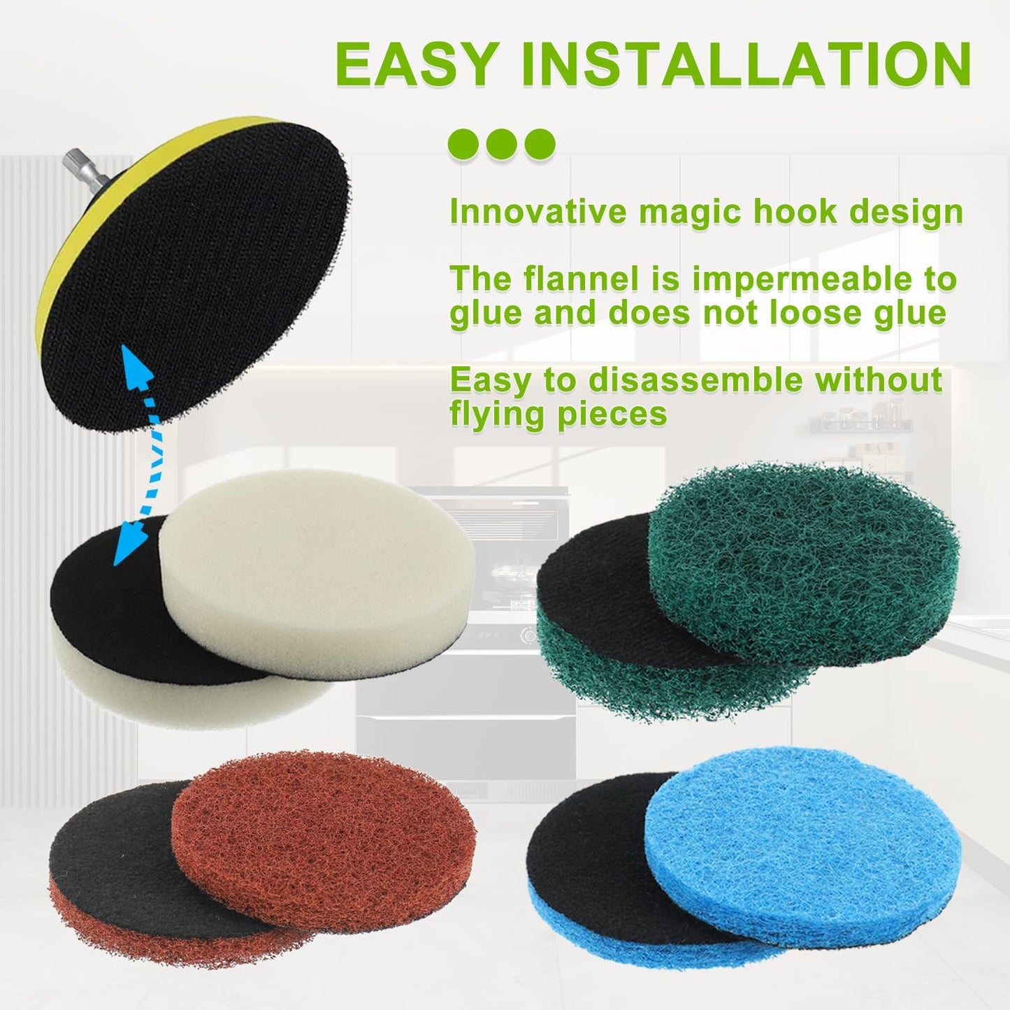 16pcs Kitchen Pads Power Scrubber Pads Set Electric Scrubber Replacement Scouring Pads fit for Dremel Versa Scouring Pads,Green