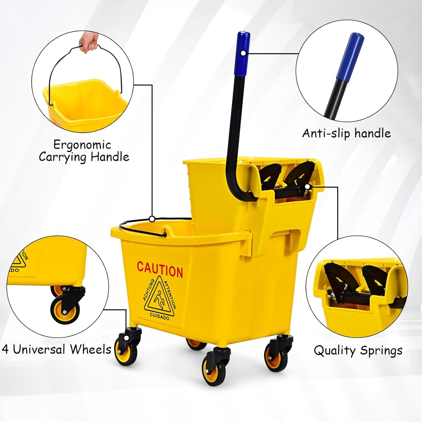 ARLIME Mop and Bucket Set with Wringer On Wheels, 21 Quart Capacity Portable Wringer Trolley on Wheels, Side Press Floor Cleaning Wavebrake w/Handle, Mop Bucket for Home, Commercial, Restaurants