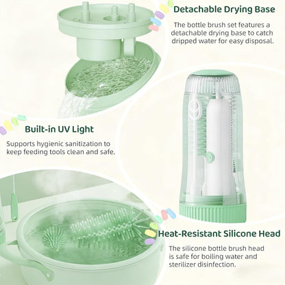 Portable Electric Silicone Bottle Brush Set, 7-in-1 UV Light USB Charging, Nipple/Straw Cleaner, Milk Mixer, Built-in Drying Rack & Storage Case, BPA-Free, IPX7, On-the-Go for New Parents (Mint)
