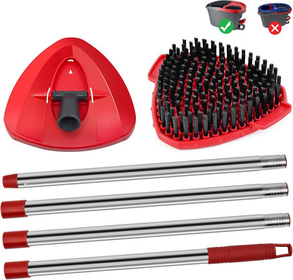 4 Part Stainless Steel Spin Mop Handles, Mop Base & Upgrade Scrub Brush Combo for Ocedar EasyWring 1 Tank Spin Mop System, Mop Handle Mop Base & Brush Set for O Cedar Mop, Universal Thin Screw Joints