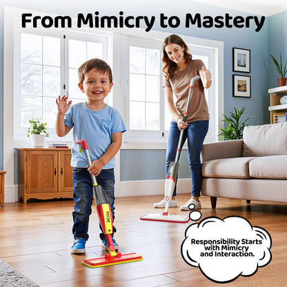 Xlife Kids Spray Mop Set - Montessori Toy for Ages 4-8 Real Water Sprayer & Sweeper Combo, Pretend Play Housekeeping Kit, Washable Pads (Red)