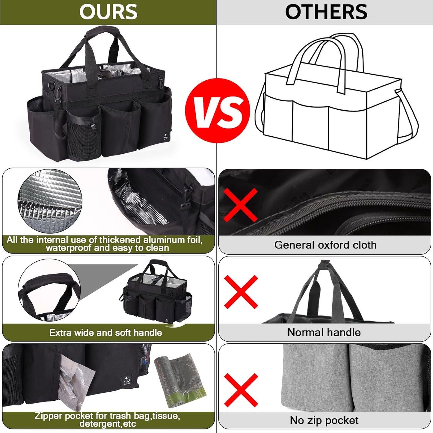 Large Cleaning Caddy Bag Built-in Sturdy Support Board, Cleaning Organizer with Detachable Divider, Cleaning Supply Tote with Adjustable Shoulder Strap&Waist Belt for Cleaners & Housekeeper
