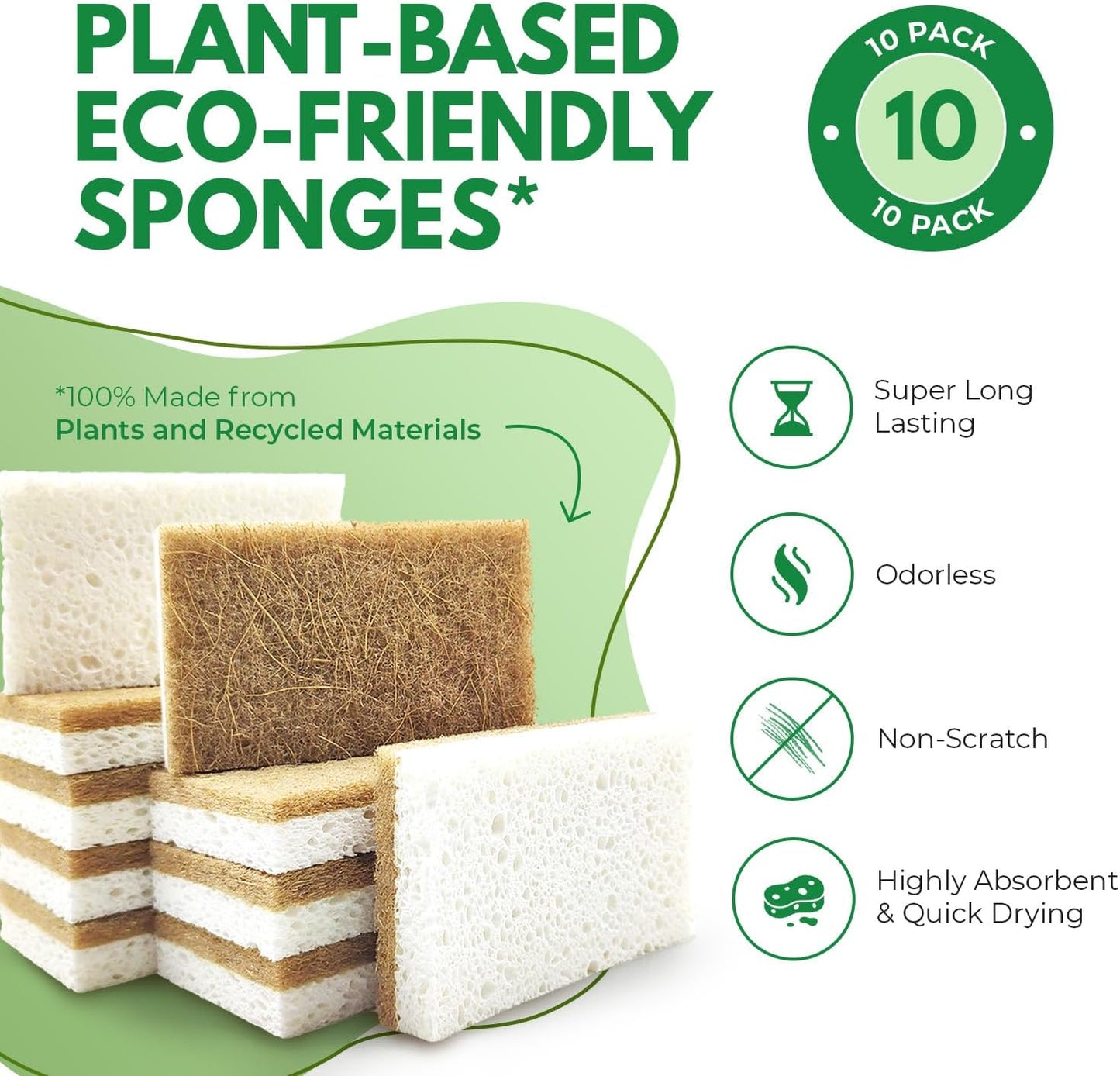 AIRNEX Biodegradable Natural Kitchen Sponges Pack of 6 - Cellulose and Coconut Walnut Scrubber Sponge - Eco Friendly Sponges for Dishes