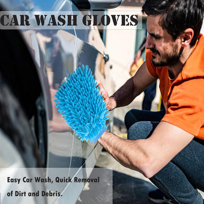 3PK Microfiber Car Wash Mitts Scratch Free Double Sided Cleaning Drying Mitts Wash Gloves for Car Washing Supplies Trucks Motorcycles (Blue+Green+Royal Blue)