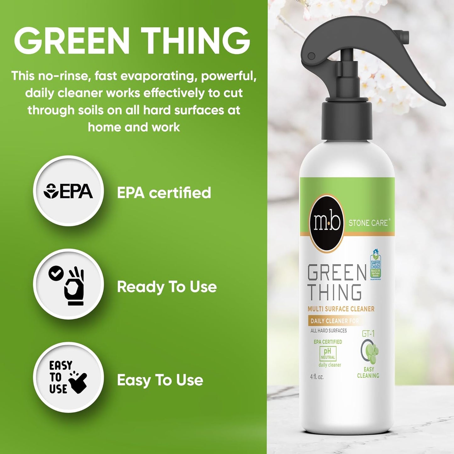 MB Stone Care Sample Kit - MB-11 Marble Etch Remover for Light to Neutral Colored Calcite Based Stone, GT-1 Green Thing, MB-24 Barrier Sealer, Finito Finishing Spray, Microfiber Towels
