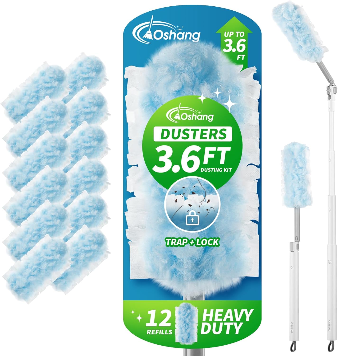 oshang 12 Pack Disposable Heavy Duty Duster Refills - 43" Extendable Handle, Compatible with Swiffer - Dusters for Cleaning Ceiling Fans, Blinds, Furniture & High Corners