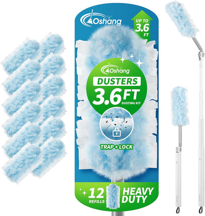 oshang 12 Pack Disposable Heavy Duty Duster Refills - 43" Extendable Handle, Compatible with Swiffer - Dusters for Cleaning Ceiling Fans, Blinds, Furniture & High Corners