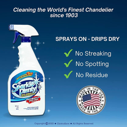 Sparkle Plenty Chandelier Cleaner Drip Dry Spray No Wipe - Dust Remover & Streak Free Glass Cleaner Spray for Chandeliers Crystals & Window Screen Surface - All Purpose Cleaning Supplies (32 oz)