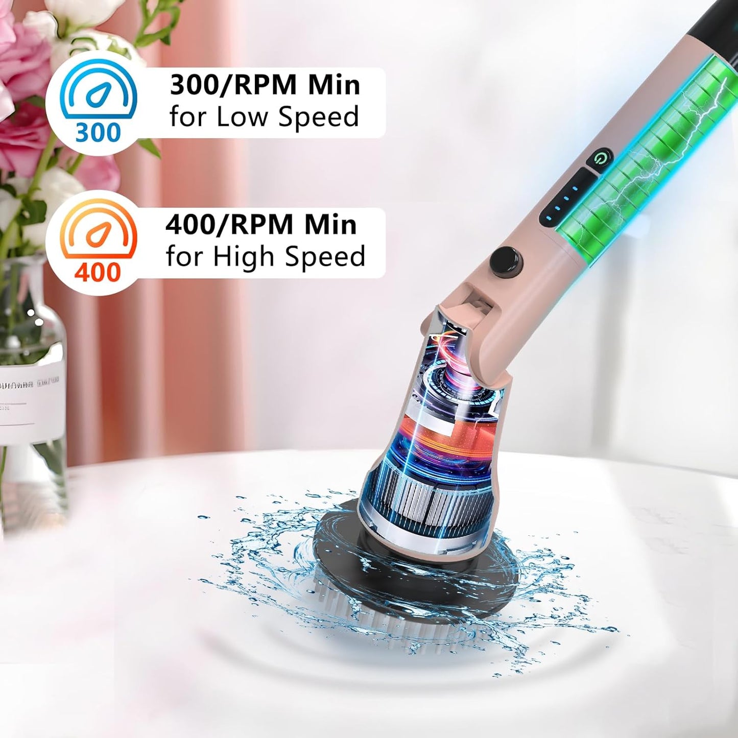 Electric Spin Scrubber, Hillyfe Bathroom Scrubber Electric with 7 Replaceable Brush Heads, IPX7 Waterproof,300/400 RPM, 3 Adjustable Length,Scrubber Brush Electric for Bathtub Floor,White
