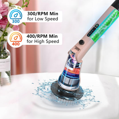 Electric Spin Scrubber, Hillyfe Bathroom Scrubber Electric with 7 Replaceable Brush Heads, IPX7 Waterproof,300/400 RPM, 3 Adjustable Length,Scrubber Brush Electric for Bathtub Floor,White