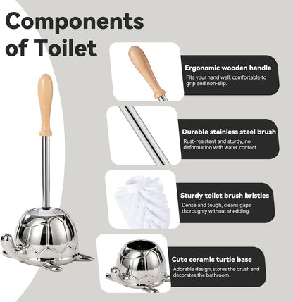 Turtle Base Toilet Brush Set - Gold Ceramic Toilet Scrubber Brush 7.5” Bowl Cleaner with Ergonomic Handle, Mini Cute Bathroom Cleaning Brush - Bathroom Decor
